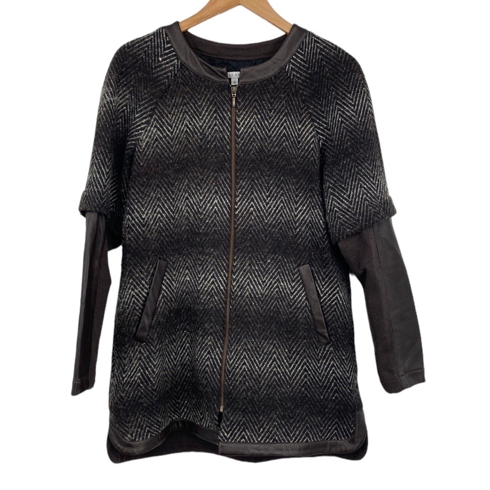 Donna Degnan Coat‎ Womens 6 Brown Black Wool Blend Lamb Leather Chevron Zip Up